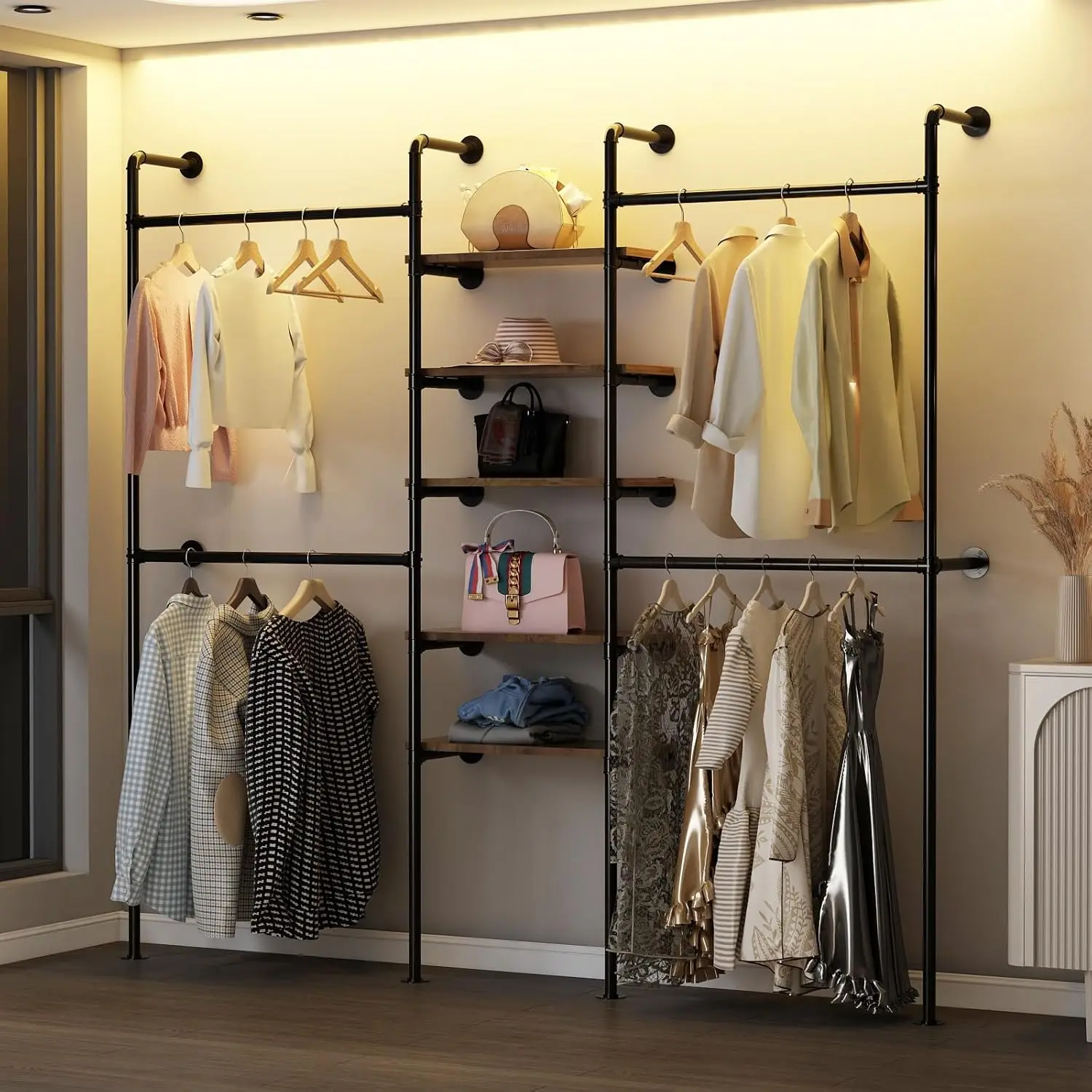 Industrial Pipe Clothing Rack with 5 Shelves, Wall Mounted for Hanging Clothes, Heavy Duty for Walk in Closet and Laundry Room