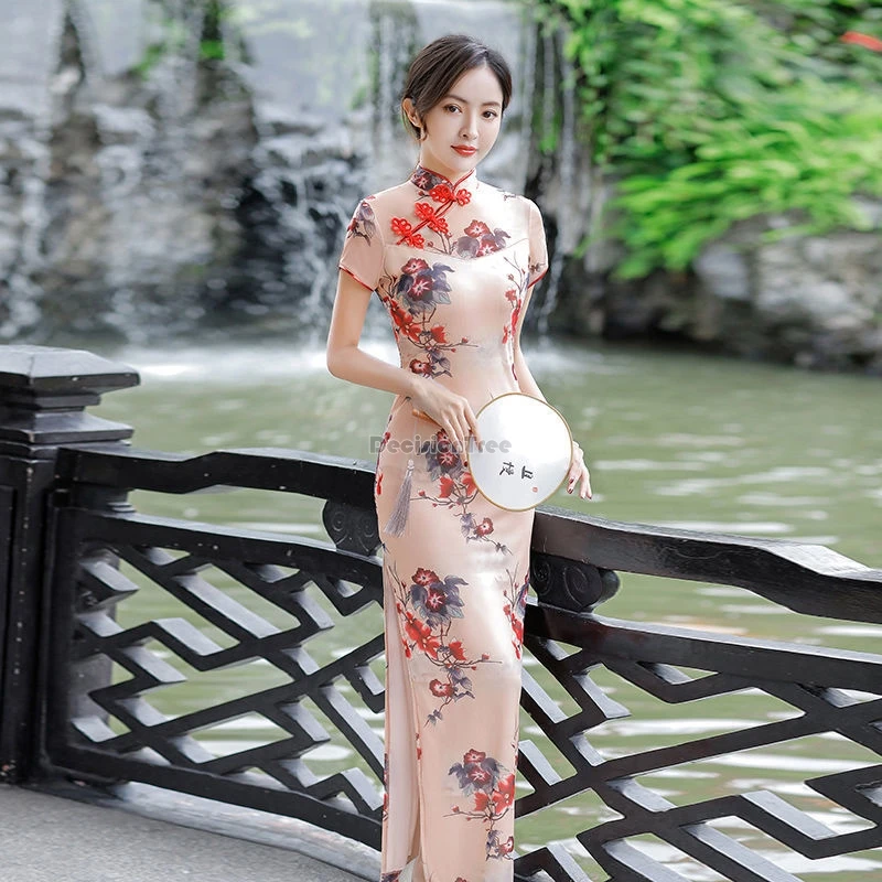 2025 new summer gauze cheongsam women\'s improved dress chinese style elastic slimming long traditional printed qipao dress w305