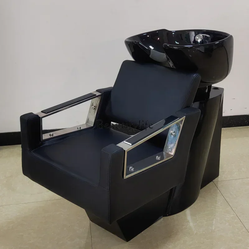 Barber Shop Stainless Steel Shampoo Chair Hairdressing Semi-Lying Simple Ceramic Basin Flushing Bed