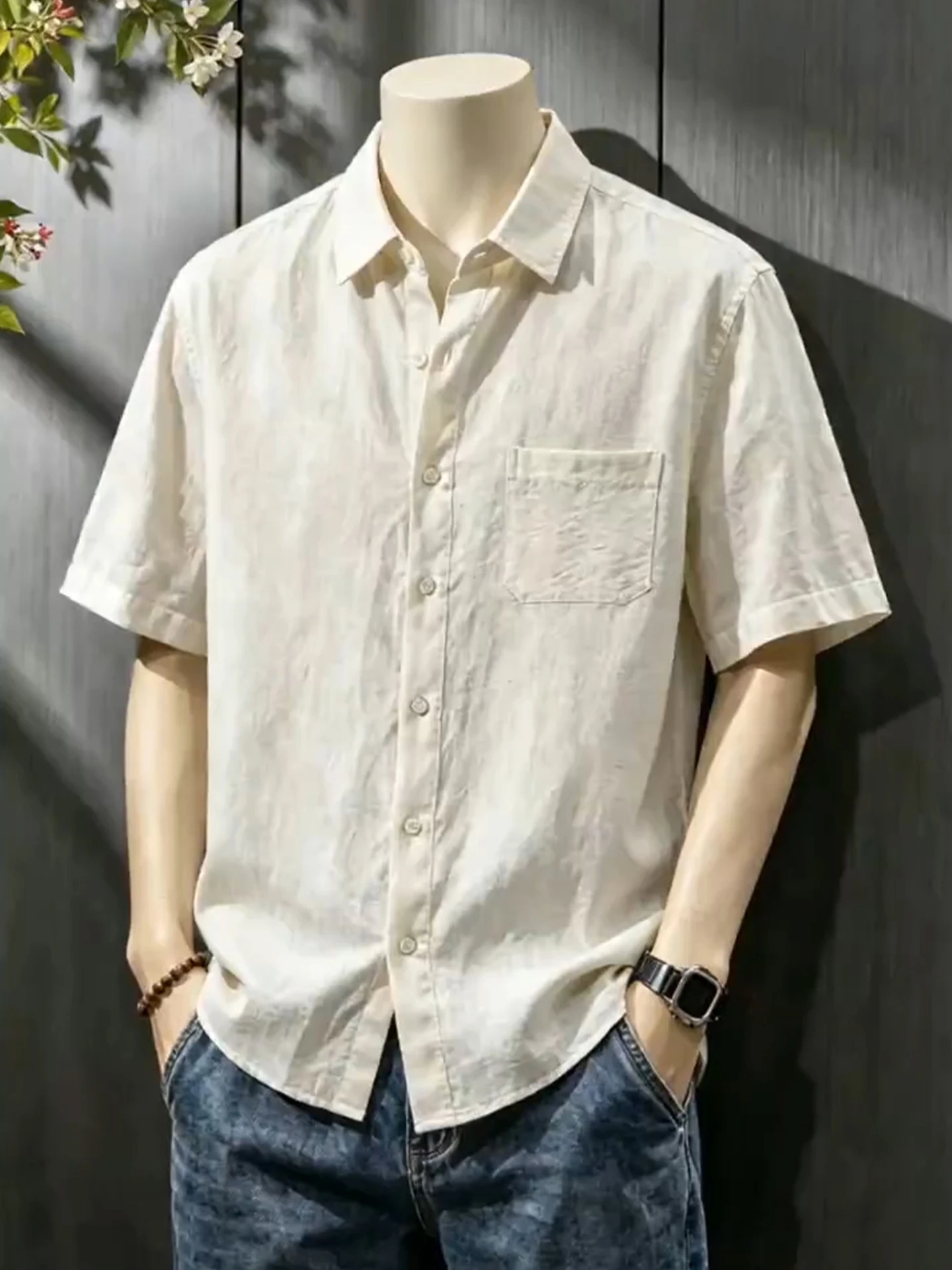Lightweight Linen Silk Short Sleeve Shirt Men's Summer Casual Style Loose Fit Breathable Sun Protection Outerwear Coat