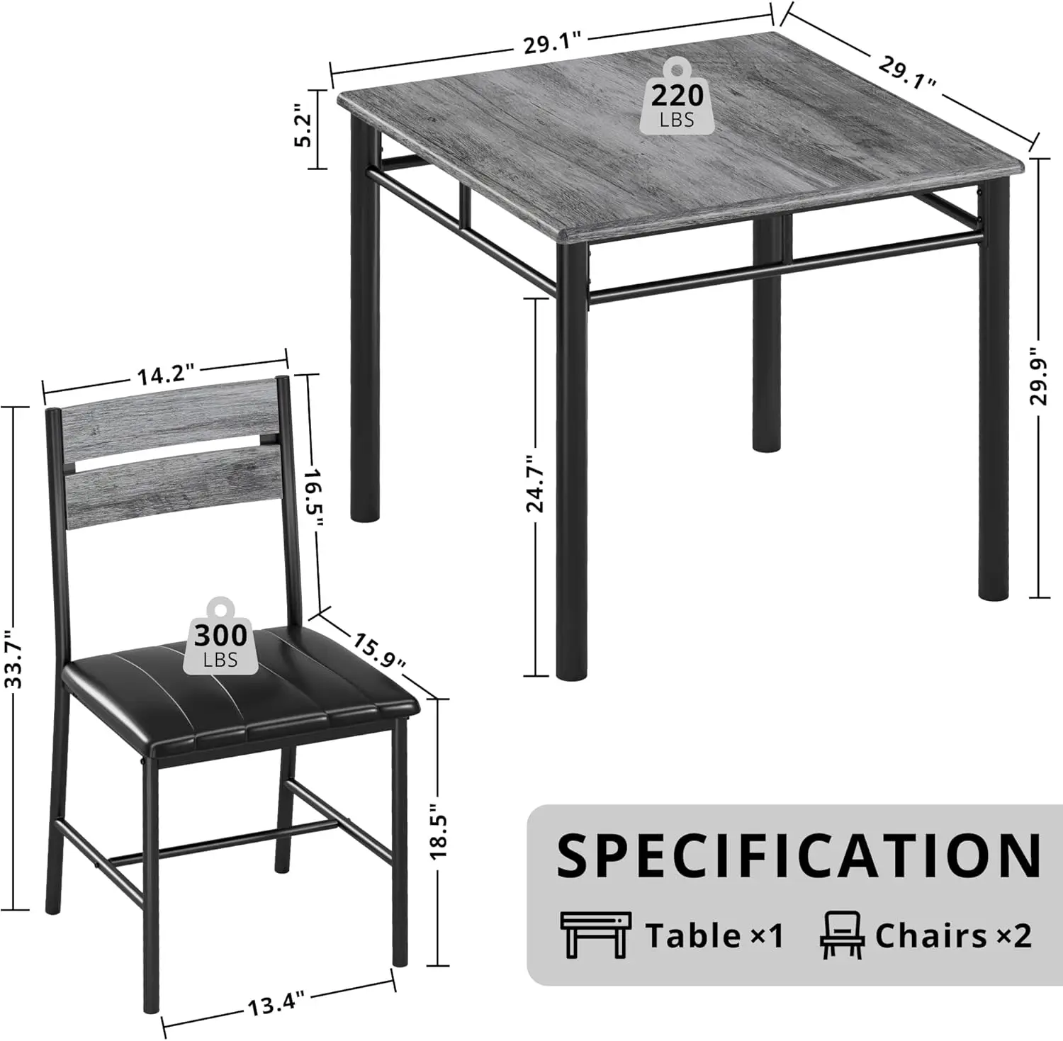 Dining Table Set for 2, Small Kitchen Table with Upholstered Chairs Dinning Table Set for Kitchen & Dining Room, Gray