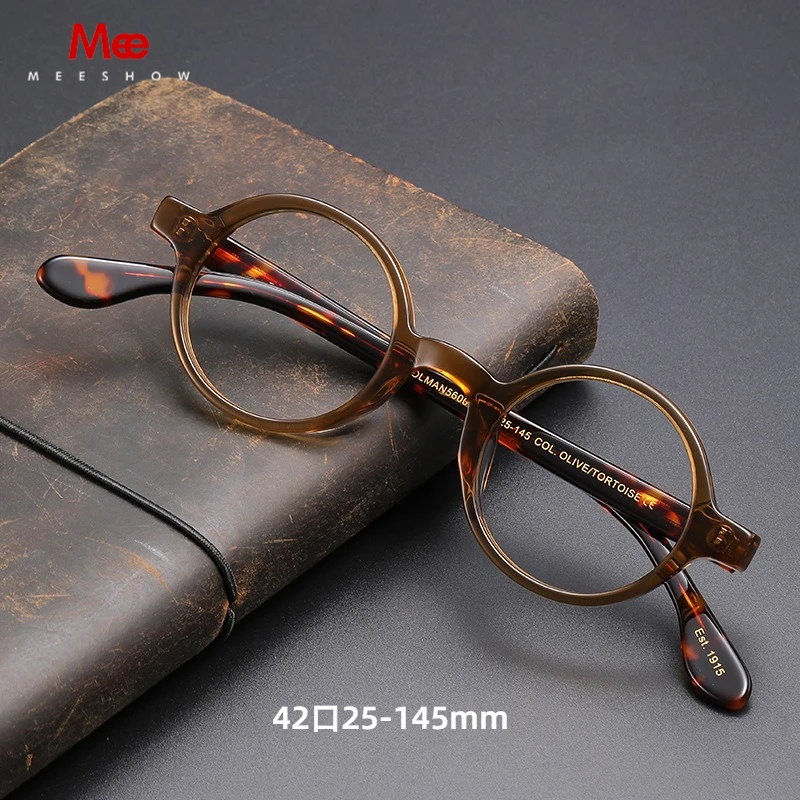MEESHOW Vintage Handmade Round Acetate Eyeglasses Frames 45mm Men and Women Big Face Optical Glasses Prescription Small Eyewear