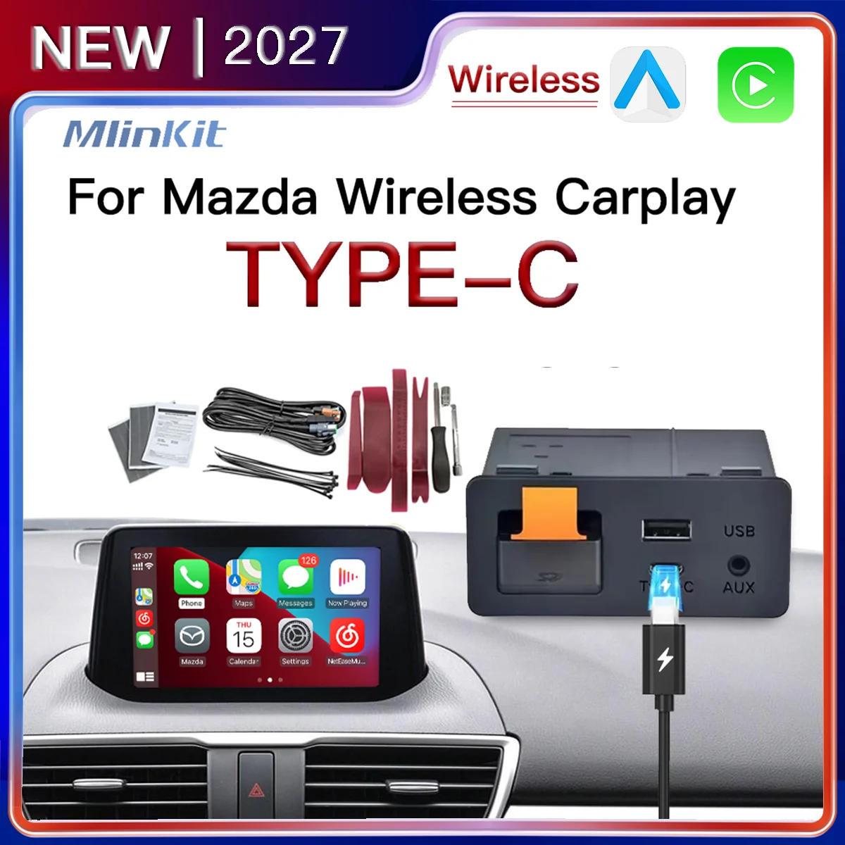 Type-C Wired Wireless CarPlay Android Auto USB Adapter for Mazda 2 3 6 CX3 CX5 CX8 CX9 MX5 Demio Miata TK78669U0C Retrofit  Kit