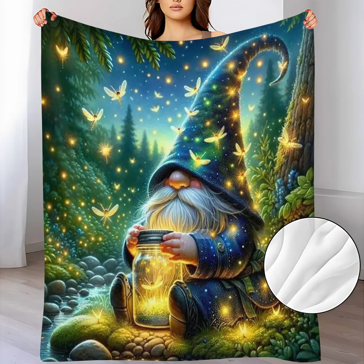 Enchanted Firefly Gnome Blanket Lovely Bearded Gnome Sitting In Mossy Forest At Night With Jar Of Glowing Fireflies And Flying