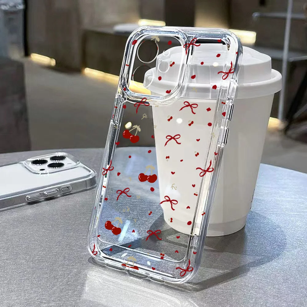 Cute Cherry Bow Design Clear Phone Case For Samsung S26 Plus S25 Ultra S24 S23 S22 S20 S21 FE S23FE A54 A53 A33 A14 Soft Cover