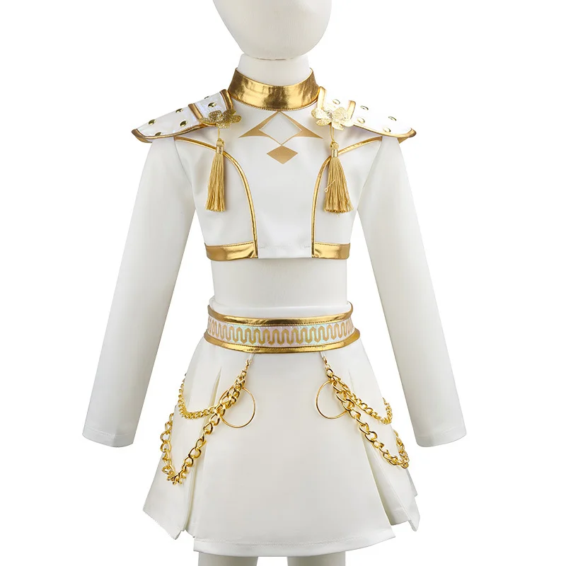 Mädchen-Cosplay-Kostüm-Set in Weiß und Gold, Schulterpolster, Kettenrock für Halloween, Geburtstagsfeier, Rollenspiel – Detail 3