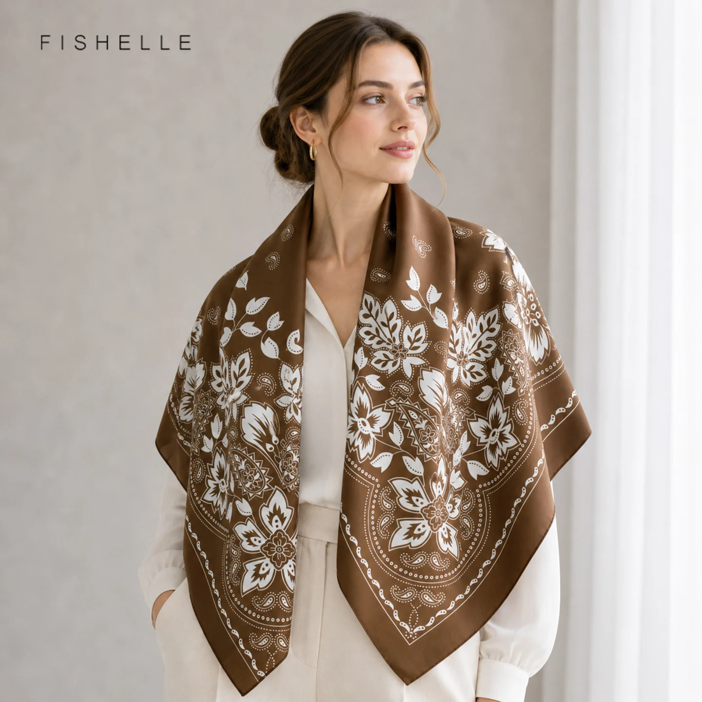 Women Brown 100% Natural Silk Scarf Shawl Wrap 90cm Kerchief Bandana Hijab Twill 14MM Luxury Square Scarf