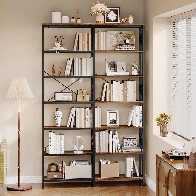 7Tier TallCorner Bookshelf Reversible Bookcase Display Rack Shelf with Metal Frame for Living Room, Bedroom, Home Office