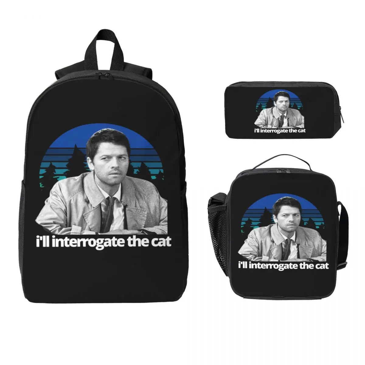 

Supernatural Castiel I'll Interrogate The Cat Backpack BookBag School Bag Laptop Shoulder Bags 3ps Lunch Bag Pencil Case