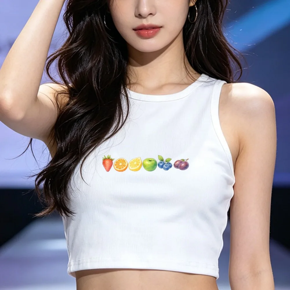 Fun Fruity Strawberry Orange Lemon Apple Blueberry Plum Crop Top Sleeveless Slim Vest Gay Pride LGBTQIA Lesbian Lady Bomber Vest