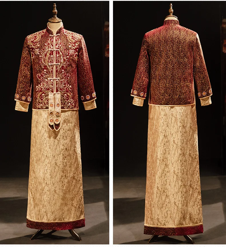 Chinese Groom wedding Dragon Robe Men Jubilant Costume Tang Suit Wedding Traditional Gown Red Long Sleeve Groom Toast Clothing
