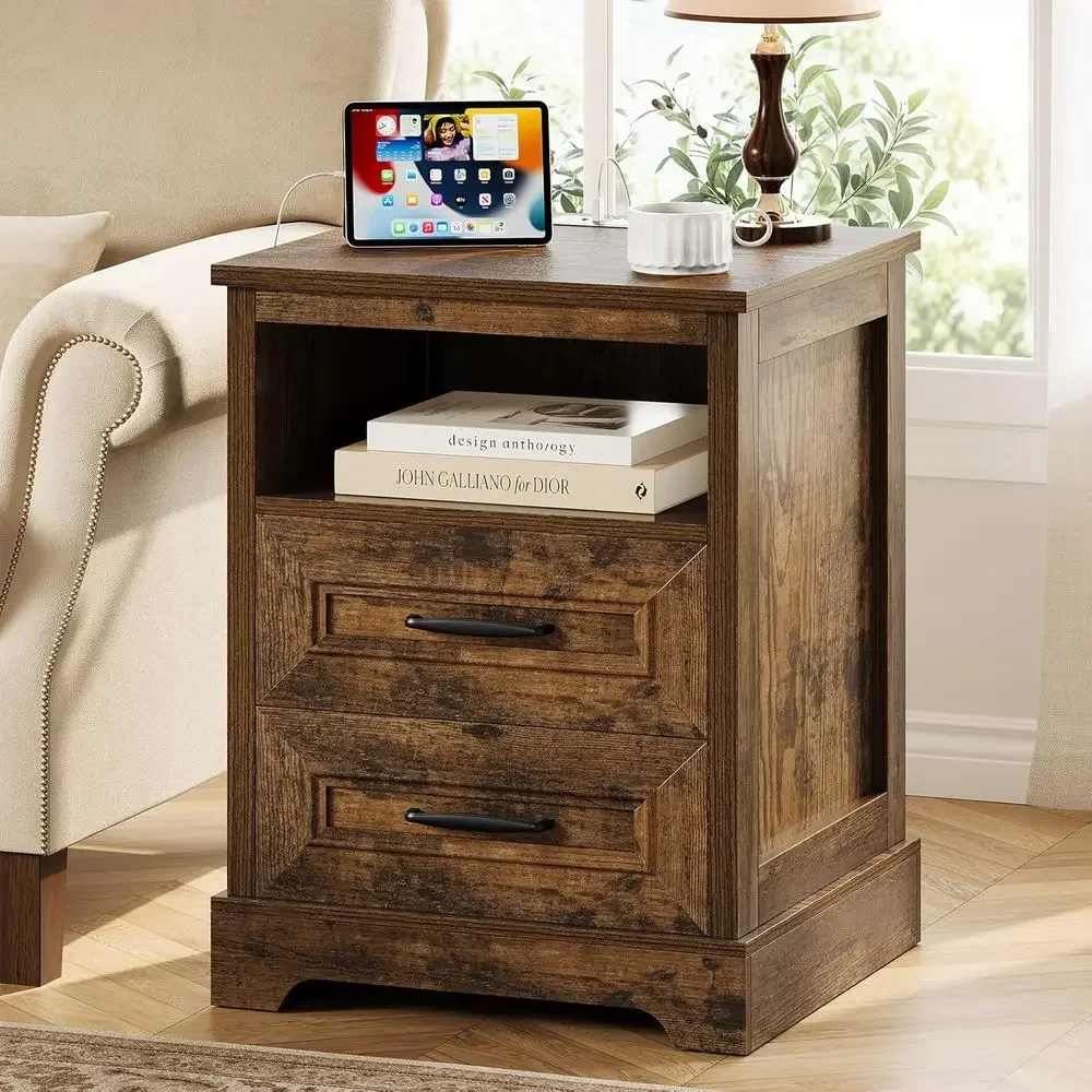

armhouse Nightstand with Charging Station, Wood Night Stand with Ders, Bede Table, Nightstands with Open Storage Shel, Rustic Ni