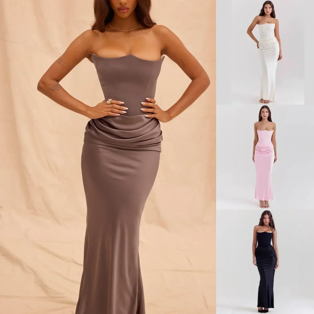 Mingmingxi 2025 女性のイブニングドレスストラップレスピンクウエディングパーティードレスセクシーなサテンロングコルセットドレスエレガントマキシガラドレス