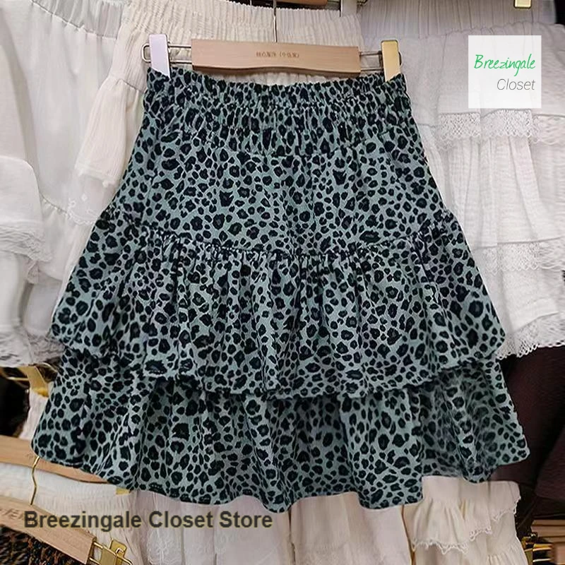 Korean Maillard Leopard corduroy skirt women's spring new fashion temperament high waist and slim anti-exposure cake skirt