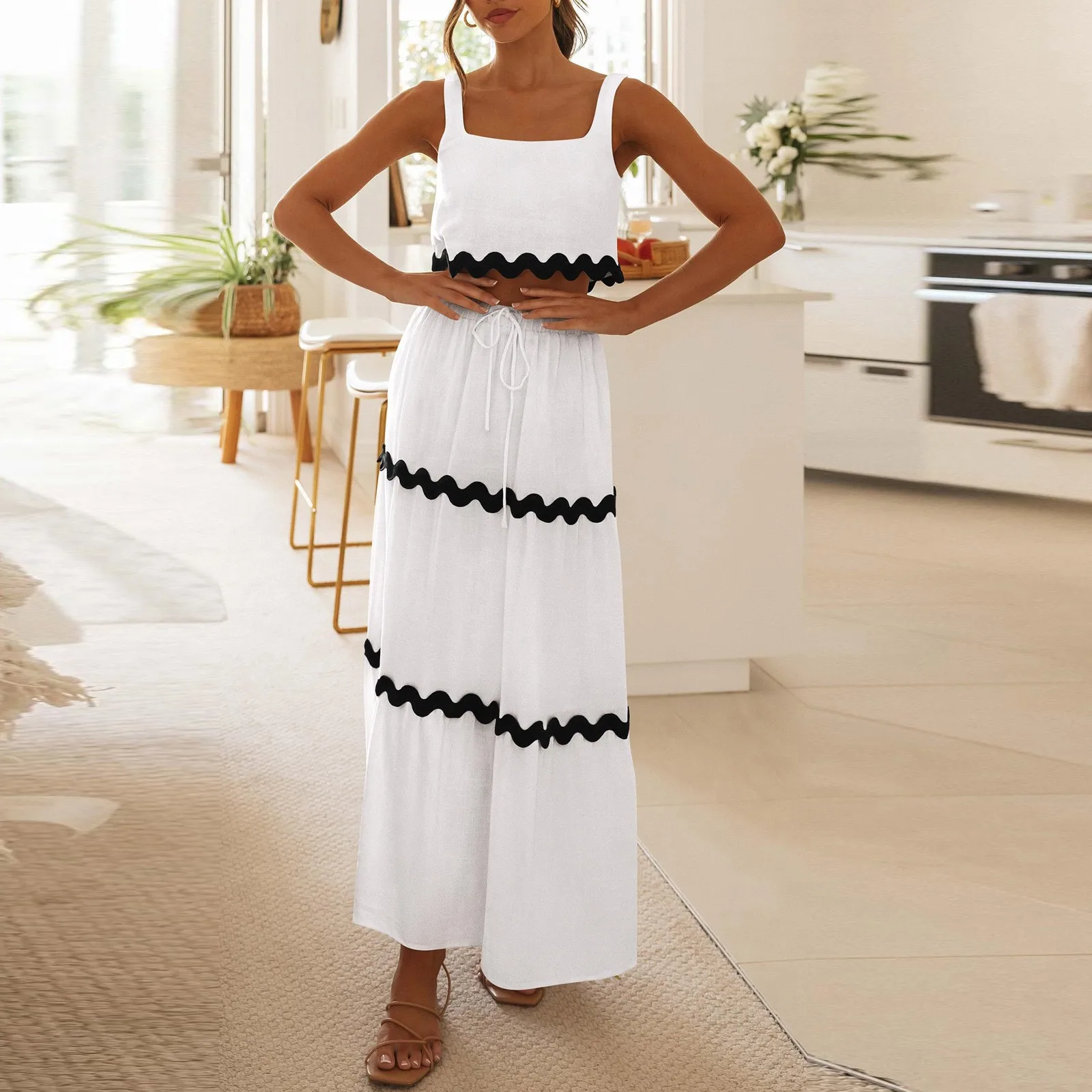 Sexy Striped Two-piece Set For Women Casual Vacation Maxi A-line Skirt Beach Dress Female Sleeveless Short Top Long Skirt Suit