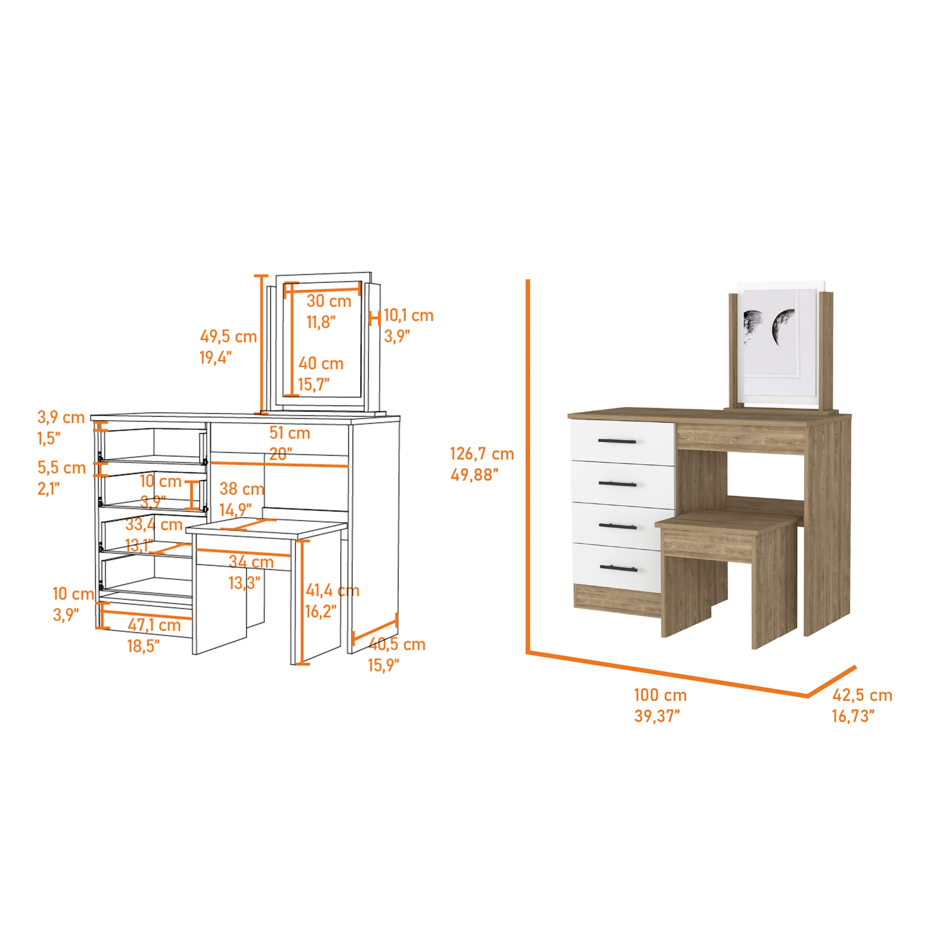 Stonington 4-drawer líčení oblékání stůl s stolice borovice a bílá