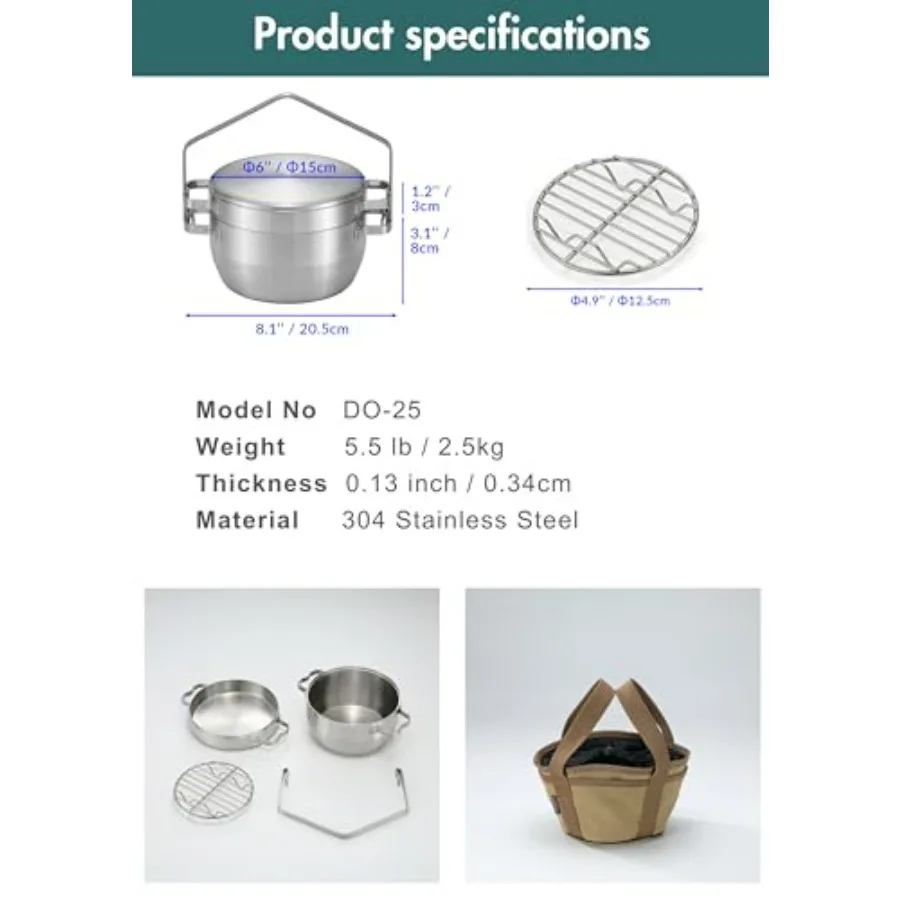 فرن هولندي من الفولاذ المقاوم للصدأ سعة 1.5 لتر، 6 بوصة، 2 في 1، غطاء مقلاة منفرد، مجموعة أواني طهي للتخييم DO-25 #6