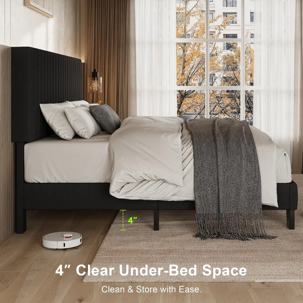 

Full Size Bed Frame with Headboard, Upholstered Linen Platform Bedframe with Solid Wooden Slats, Noise-Free, No Box, Customized