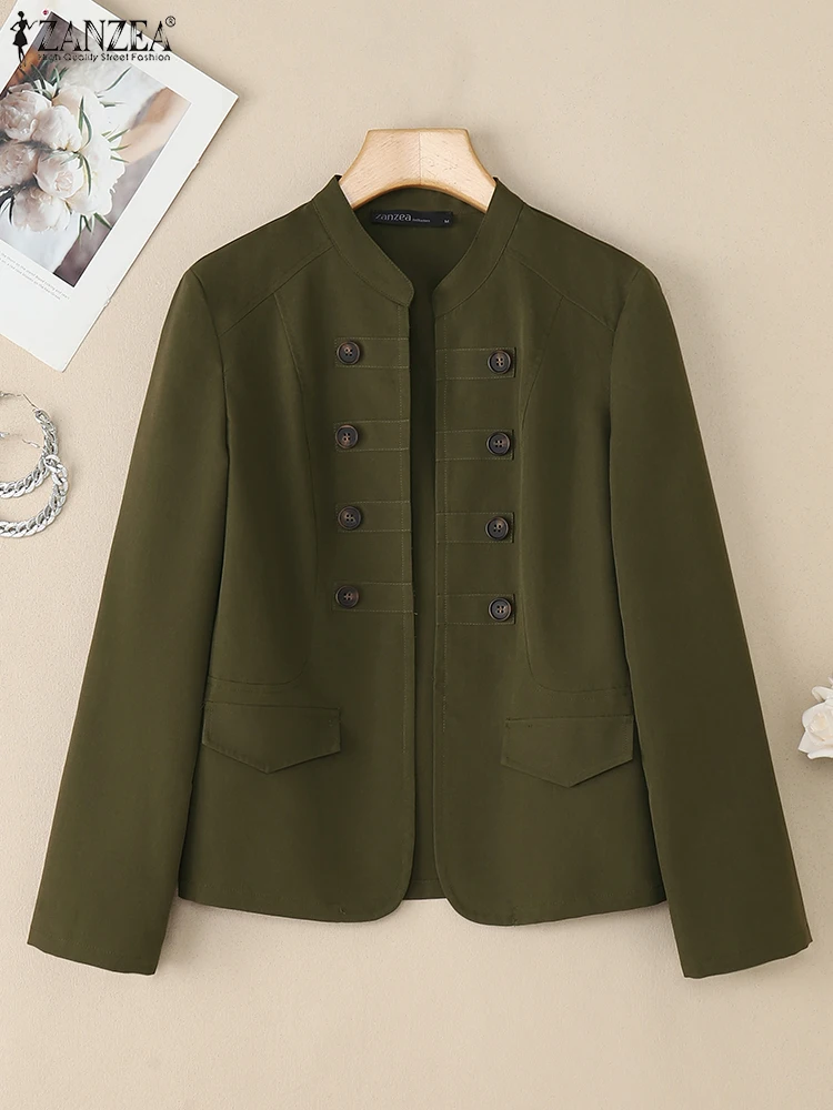 

ZANZEA Autumn Long Sleeve Lightweight Jackets Women Casual Mandarin Collar Open-Front Outerwear Commuting Solid Cardigan Coats