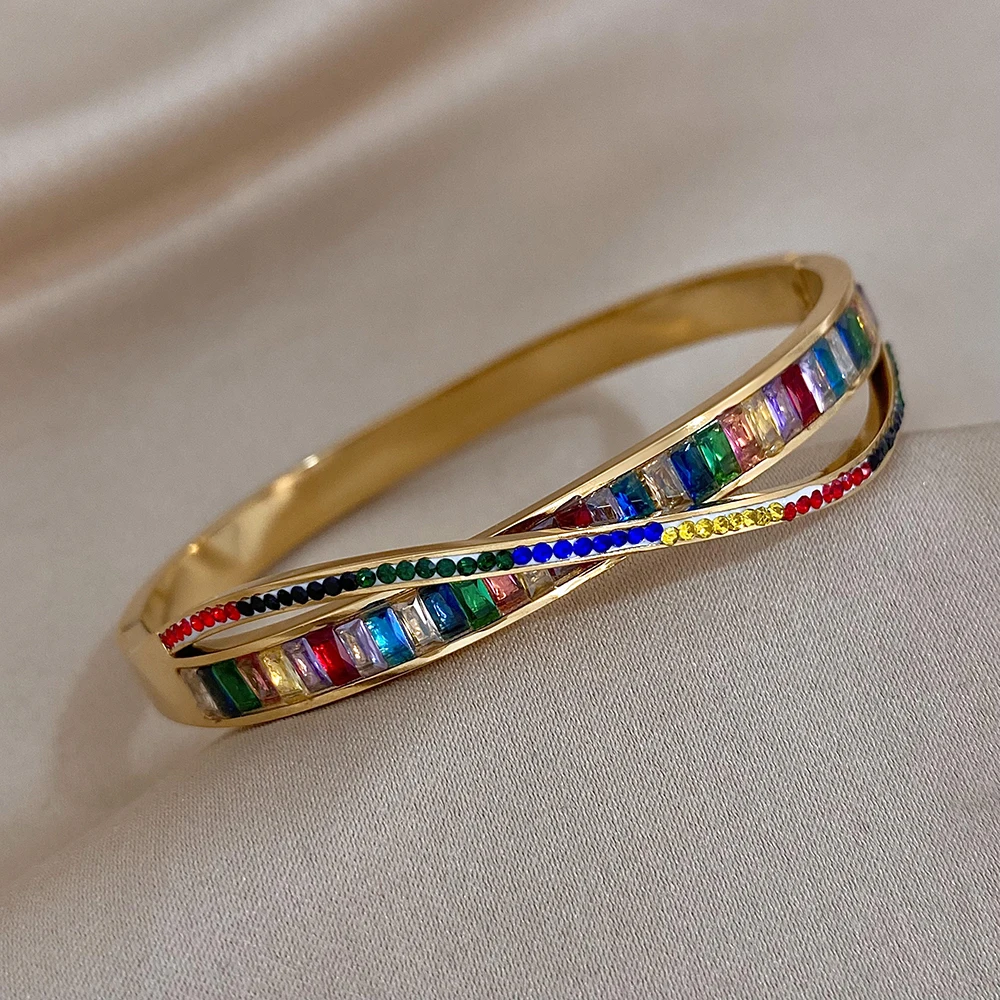 

Gorgeous Colorful Zirconia Bangle Stainless Steel Bracelet for Women Crossed Colored Rhinestones Waterproof Cuff Jewelry Gift