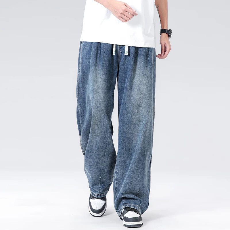 

New Men's Elastic Waist Blue Jeans Soft and Comfortable Wide-leg Pants Retro Elastic Casual Floor Pants Street Clothing Trousers