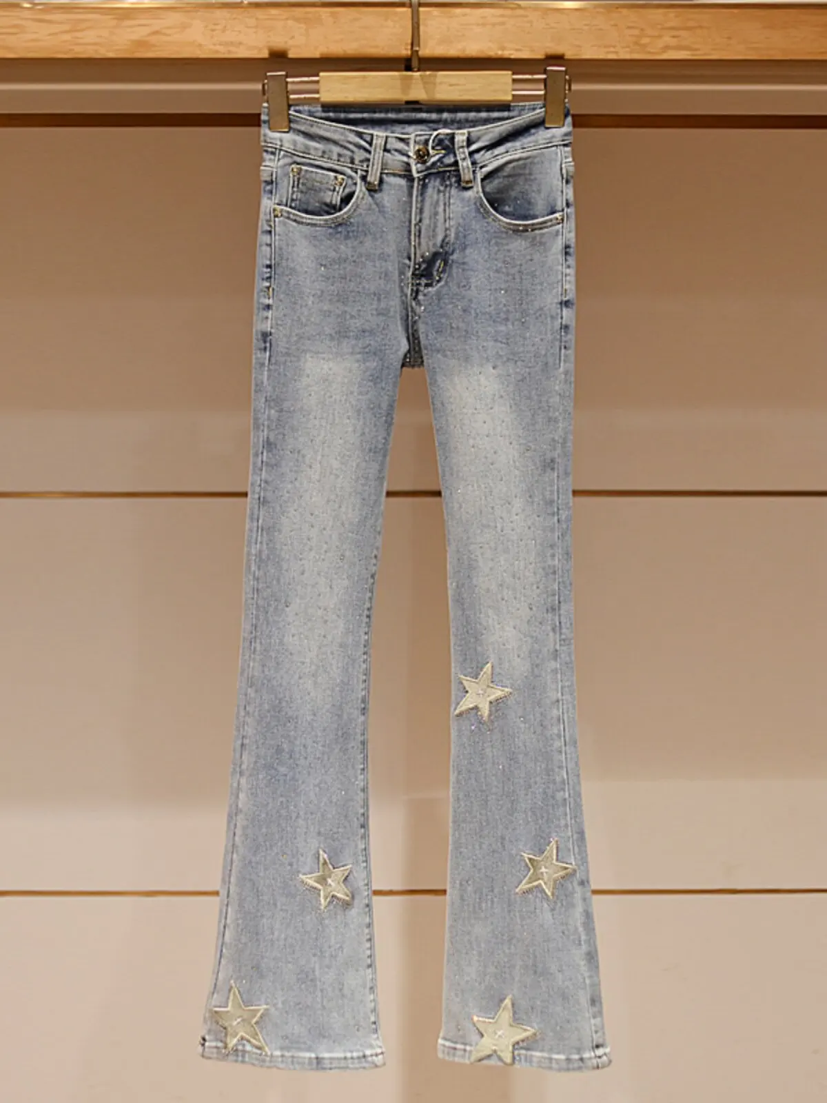 Autumn embroidery retro light color slim-fit high-waisted micro-pull jeans