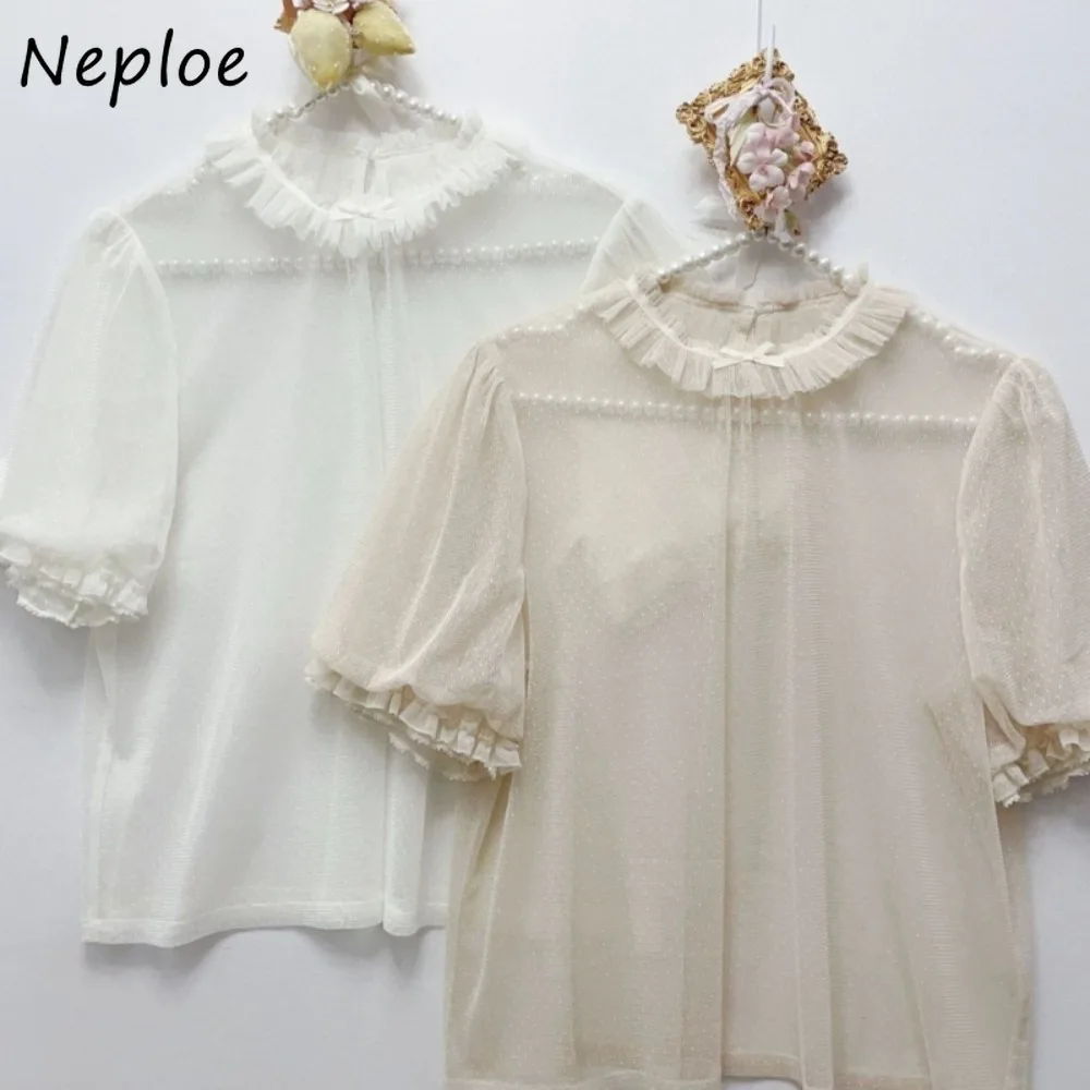 

Neploe Sweet Fresh Polka Dot Casual Women Clothing Stand Collar Puff Sleeve All-match Shirt Bow Mesh Minority Korea Chic Blusas