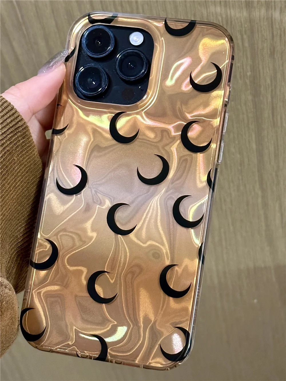 Luxury Laser water ripple luxurious golden moon Glossy Phone Case for IPhone 15 14 13 12 11 15 Pro Max Resistant Soft TPU Cover