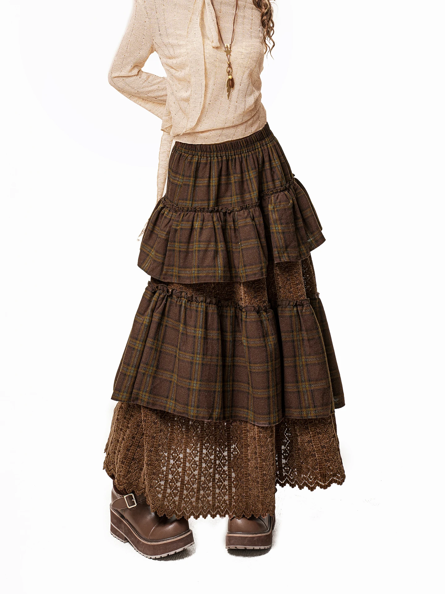 

ink Vintage Heavy Embroidery Lace Patchwork Plaid Pleated Long Skirt Women's Low Waist Cake Skirt Non-stretch Fabric