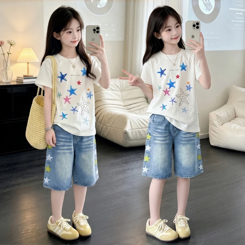 Girls Summer Star Print 2 Piece Outfit Set Short Sleeve Cotton T Shirt & Denim Bermuda Shorts Kids Matching Suit 6-14Y Casual Da