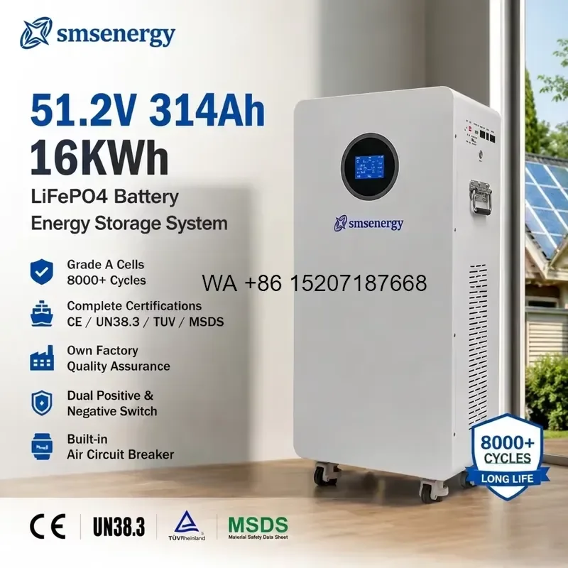 Wmwmnu for SMSEnergy CE Certified LiFePO4 51.2V 314Ah 15KWh 16KWh Stackable Energy Storage Lithium Battery 8000 Cycles Solar