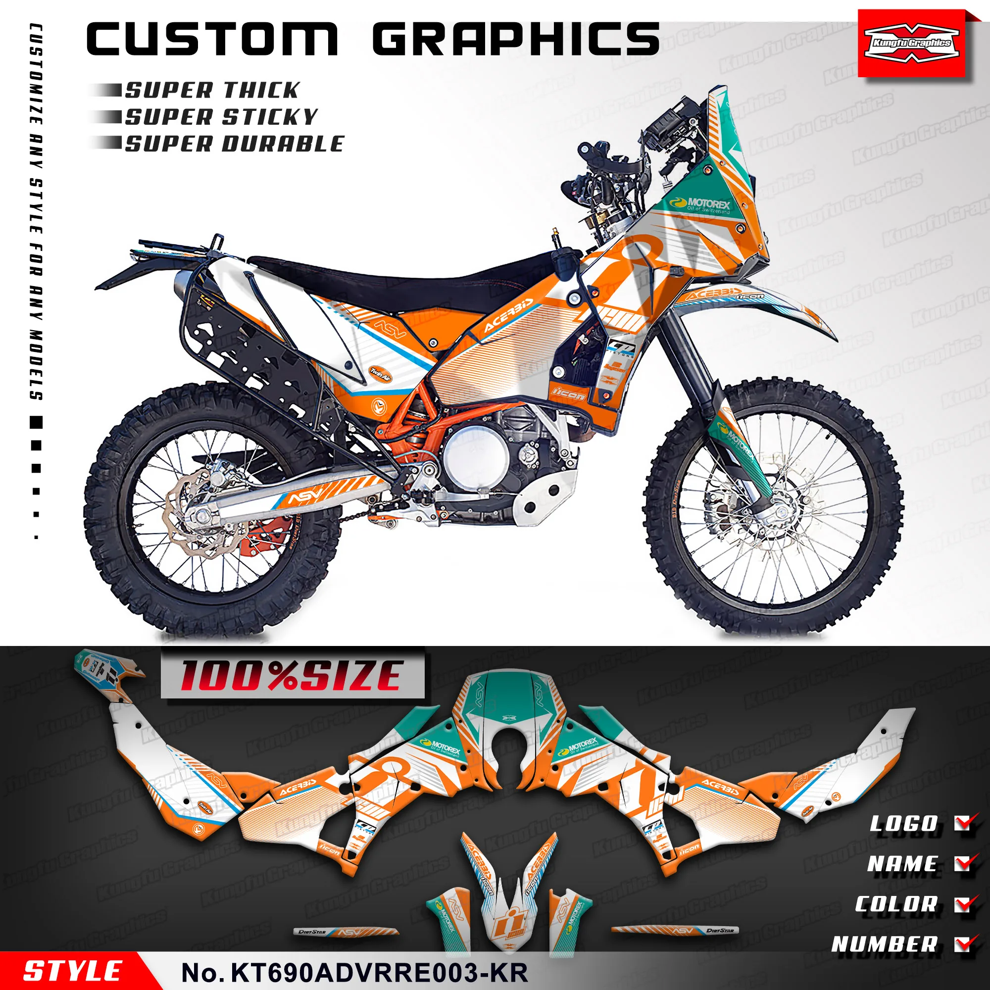 KUNGFU GRAPHICS Sticker Sheet Motorcycle Graphics for KTM RALLY RAID EVO2 690 ADV, Decoration, KT690ADVRRE003-KR