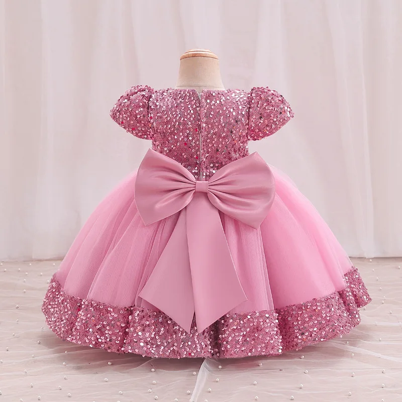 Elegant floral bow and fluffy sleeves, princess dress with sequins suitable for special occasions of baby girls, birthday dresse