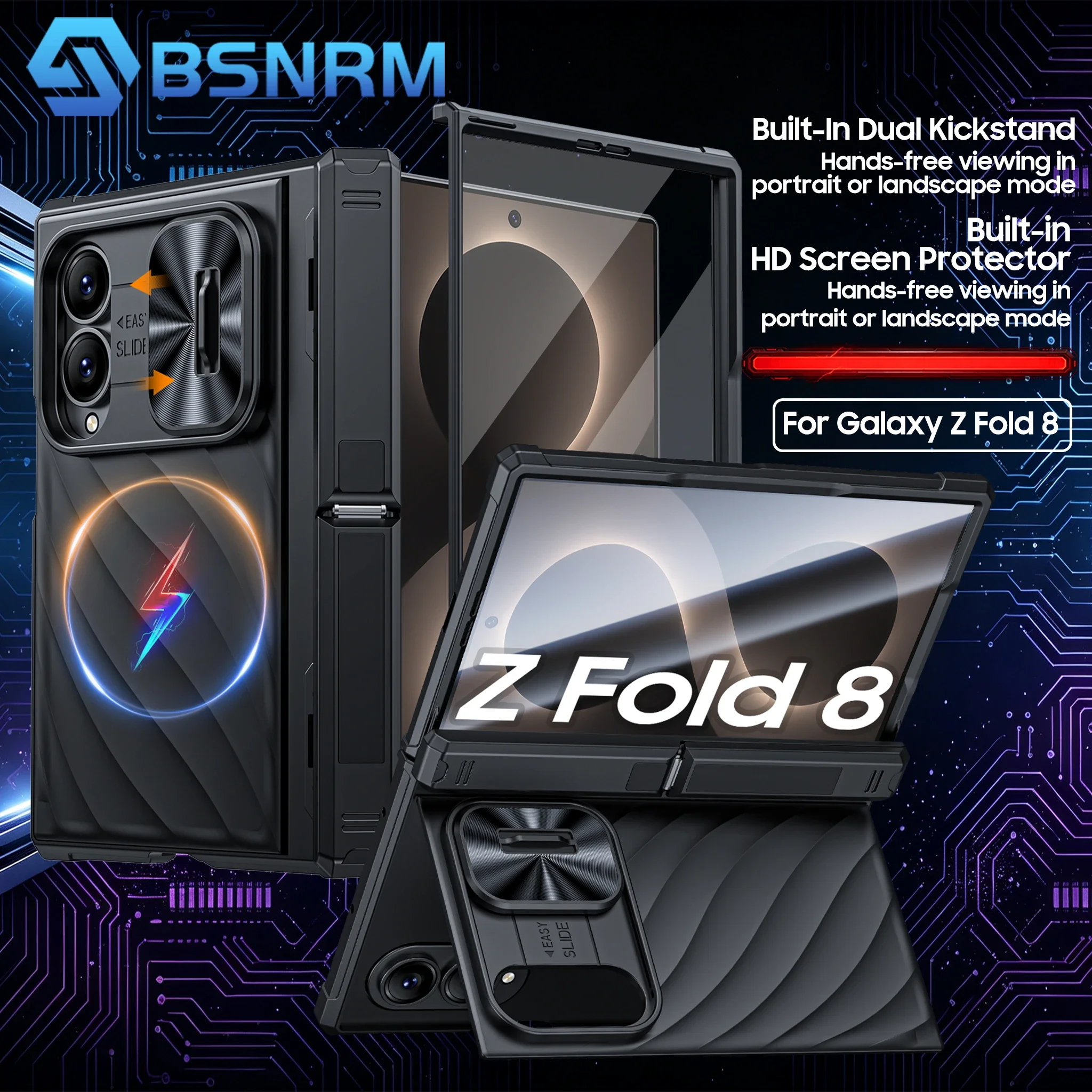 Für Galaxy Z Fold 8 Hülle, Wellenmuster, Doppelter Ständer, Schiebe-Kameraabdeckung, Scharnierschutz, Stoßfeste Panzerhülle - Schwarz