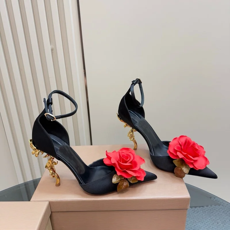 

Metal Strange Style Flower Decoration Sandals Sexy Pointed Toe Cover Heel New Arrivals Fashion Women Modern Shoes