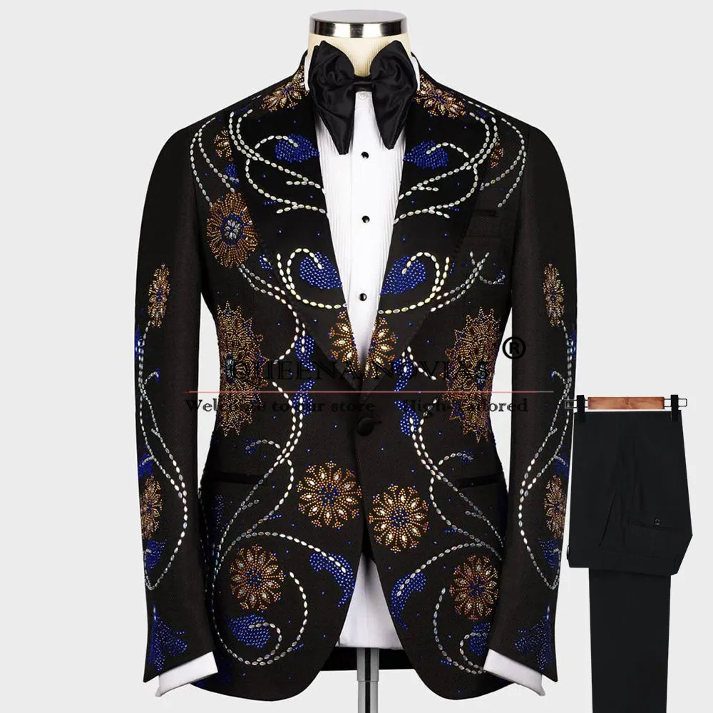 

Male Fashion Beaded Stone Suits Customized Single Breasted Groom Formal Party Wedding Tuxedo 2-Piece Man Business Dinner Clothes