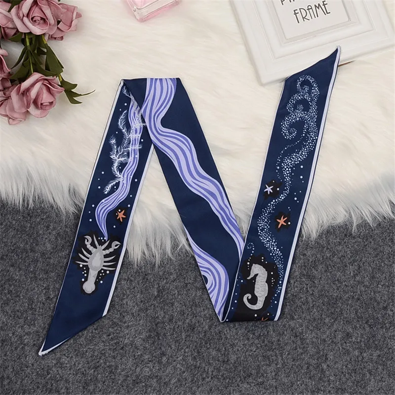 Lobster Luxury Brand Constellation Scarf Women Silk Scarf Bag Hair Skinny Scarf 2024 New Design Wrist Towel Foulard Femme Hijab