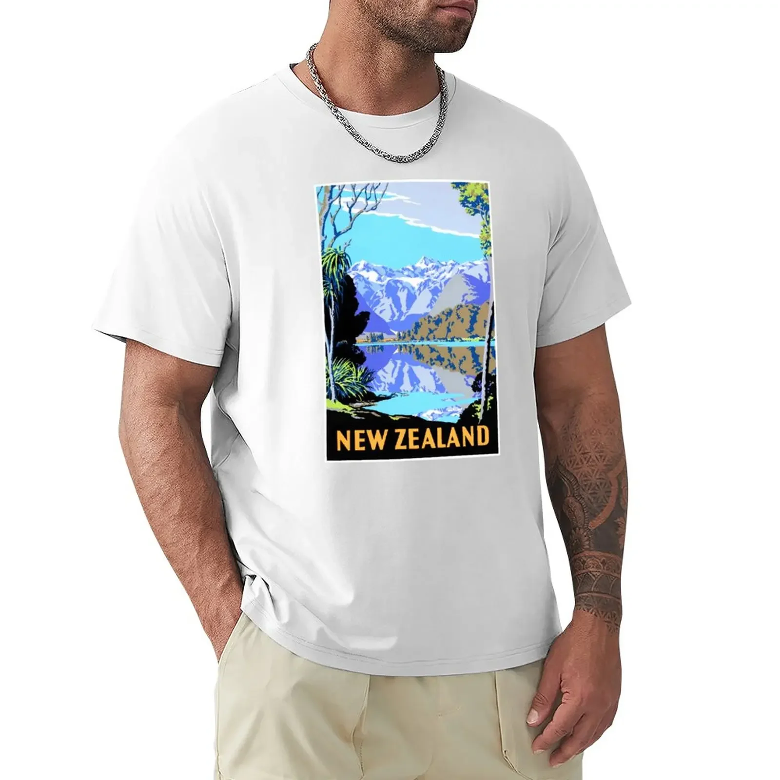 New Zealand Lake Matheson Vintage Travel Poster T-Shirt hippie clothes boys whites t shirts for men cotton