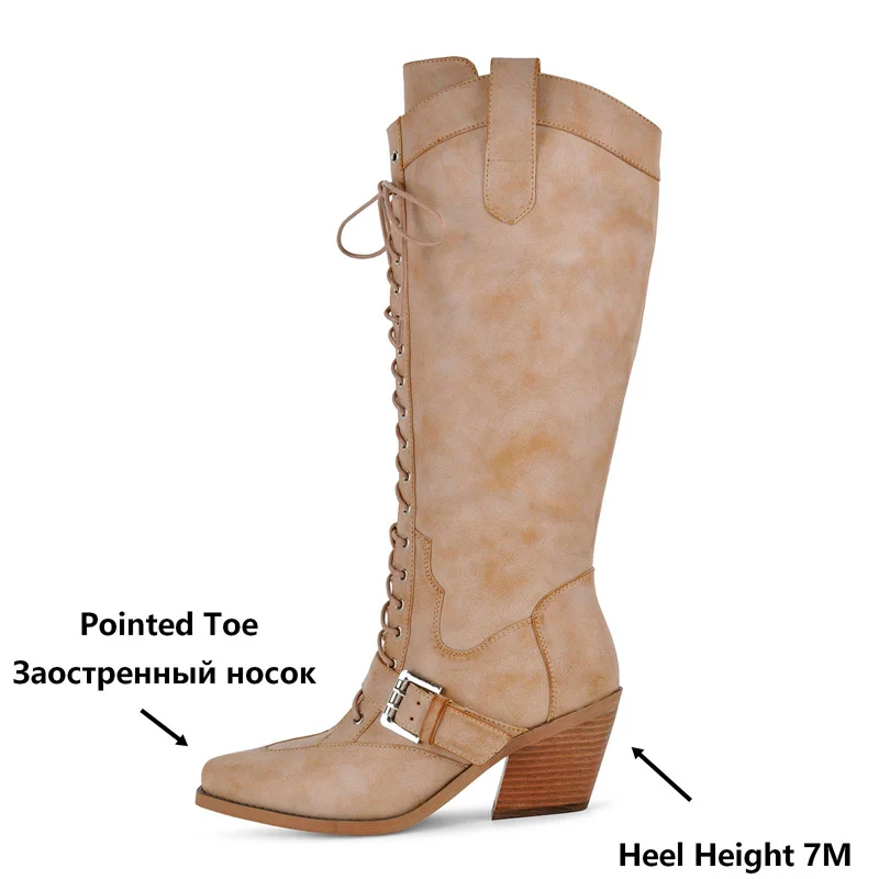 Onlymaker Vintage Beige Faux Leather Knee High Western Cowboy Boots Pointed Toe Lace Up Side Zipper Chunky Block Heel Boots