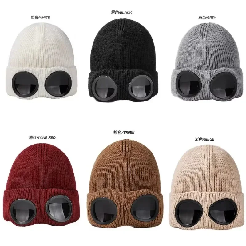 Men Women Knitted Hat with Goggles Windproof Winter Warmer Ski Beanies Unisex Soft Warm Anti-slip Ear Protection Garros