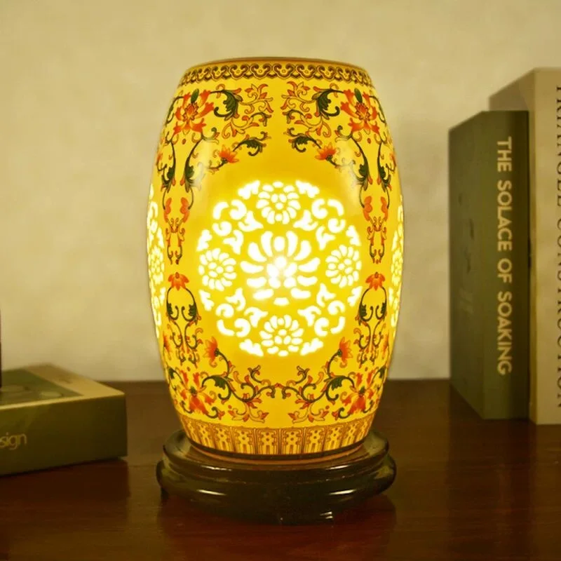 Chinese Style Hollow-out Ceramic Table Lamp LED E27 for Living Room Bedroom Shop Home Decorative Hollow Carving Night Light