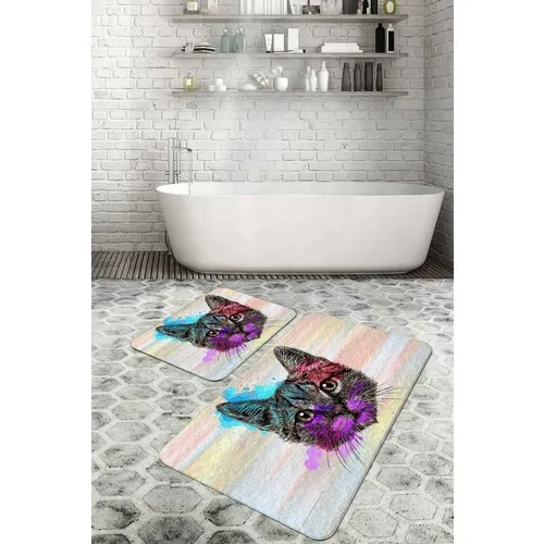 Bouquet Home 2'li Cat Splash Of Color 100x60 cm-50x60 cm Bath Mat and Toilet Seat Pad