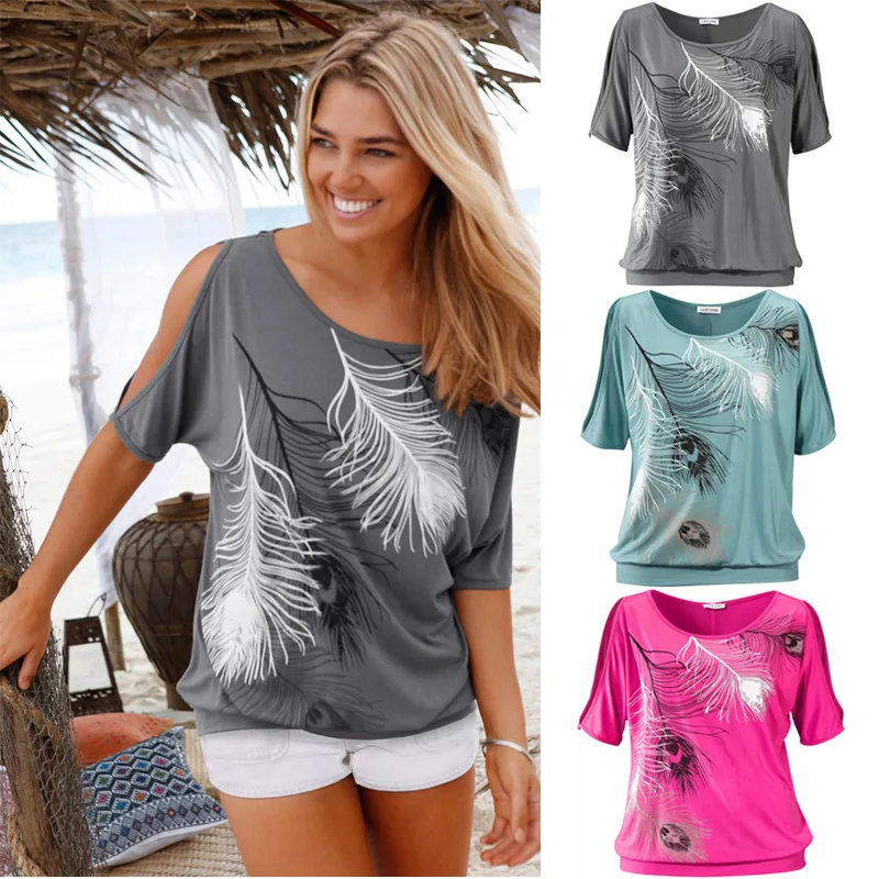 European and American Feather Print Short Sleeved T-shirt, Round Neck, Large, New, 2024