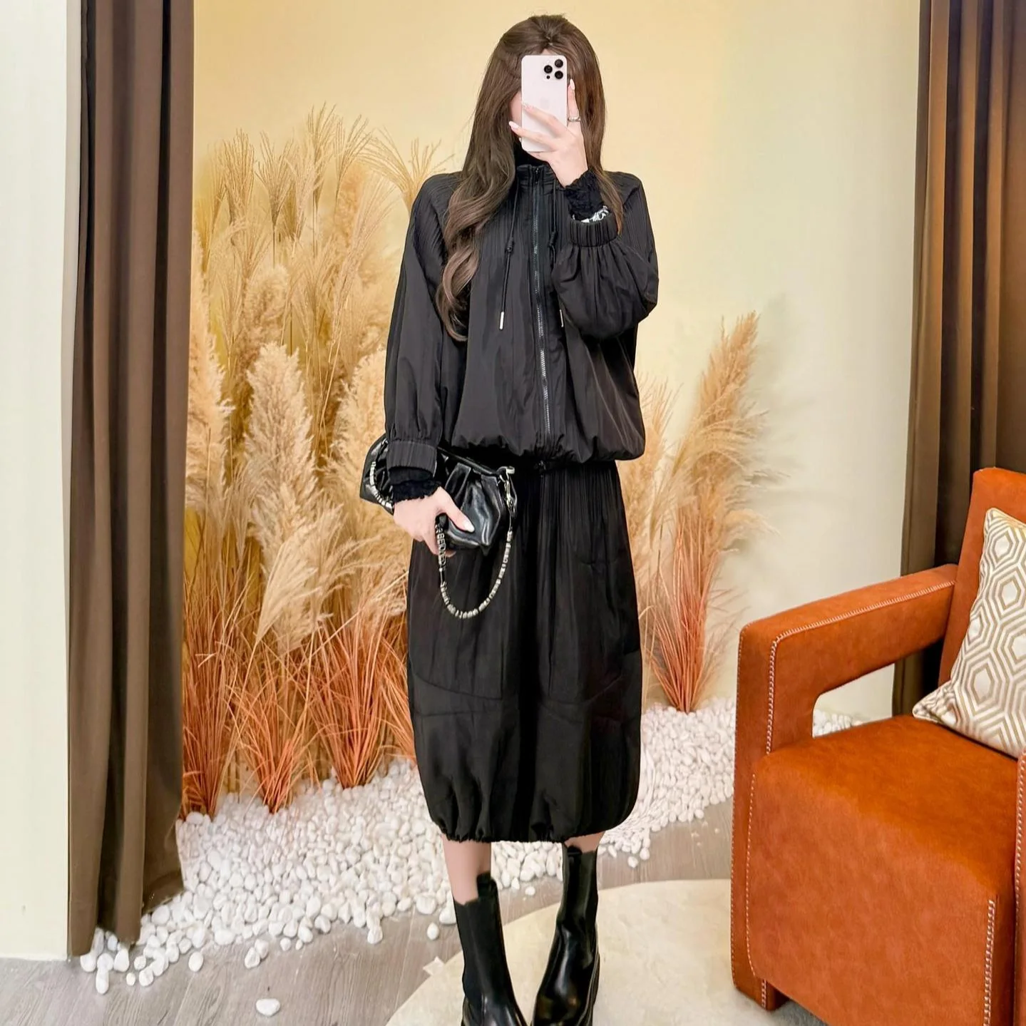 Miyake Pleated Autumn and Winter New 2025 Cotton Suit Set Skirt Cotton Coat Jacket Fashionable Cotton Half Skirt Two-piece Set