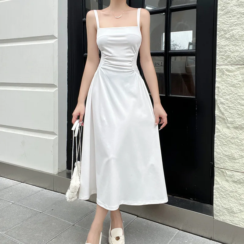 

Waist Pleated Suspender A-line Dress, New Private Dress, Socialite Style, Temperament, Long Skirt for Women