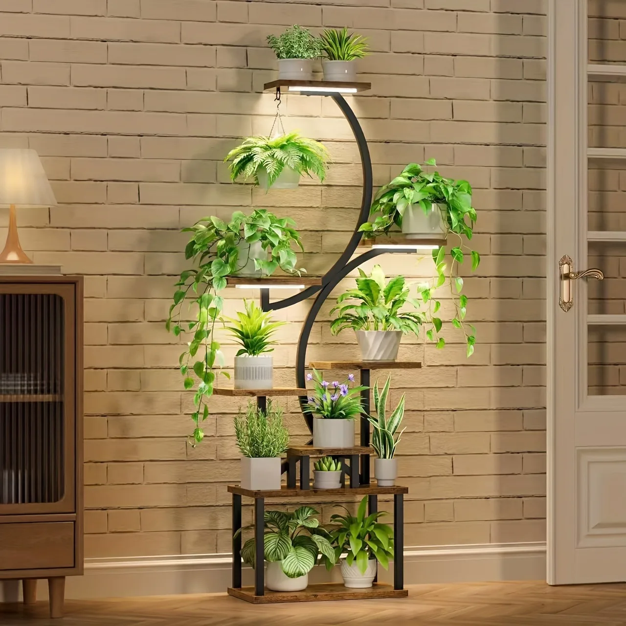 8-Tier Indoor Plant Stand with Grow Lights Adjustable Wooden Shelves Full Spectrum Timer Space-Saving Flower Pot Holder for Living Room Bedroom Balcony