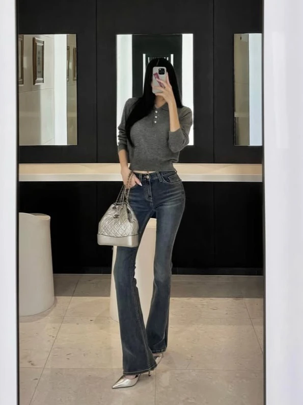 

Elastic Vintage Waed Denim Flared Pants Women's Spiritual Pants Comfortable Fit Long Trousers l Waist Blue Jeans