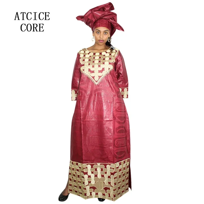 African Dress For Lady White Plus Size Bazin Riche Embroidery With Scarf For Party