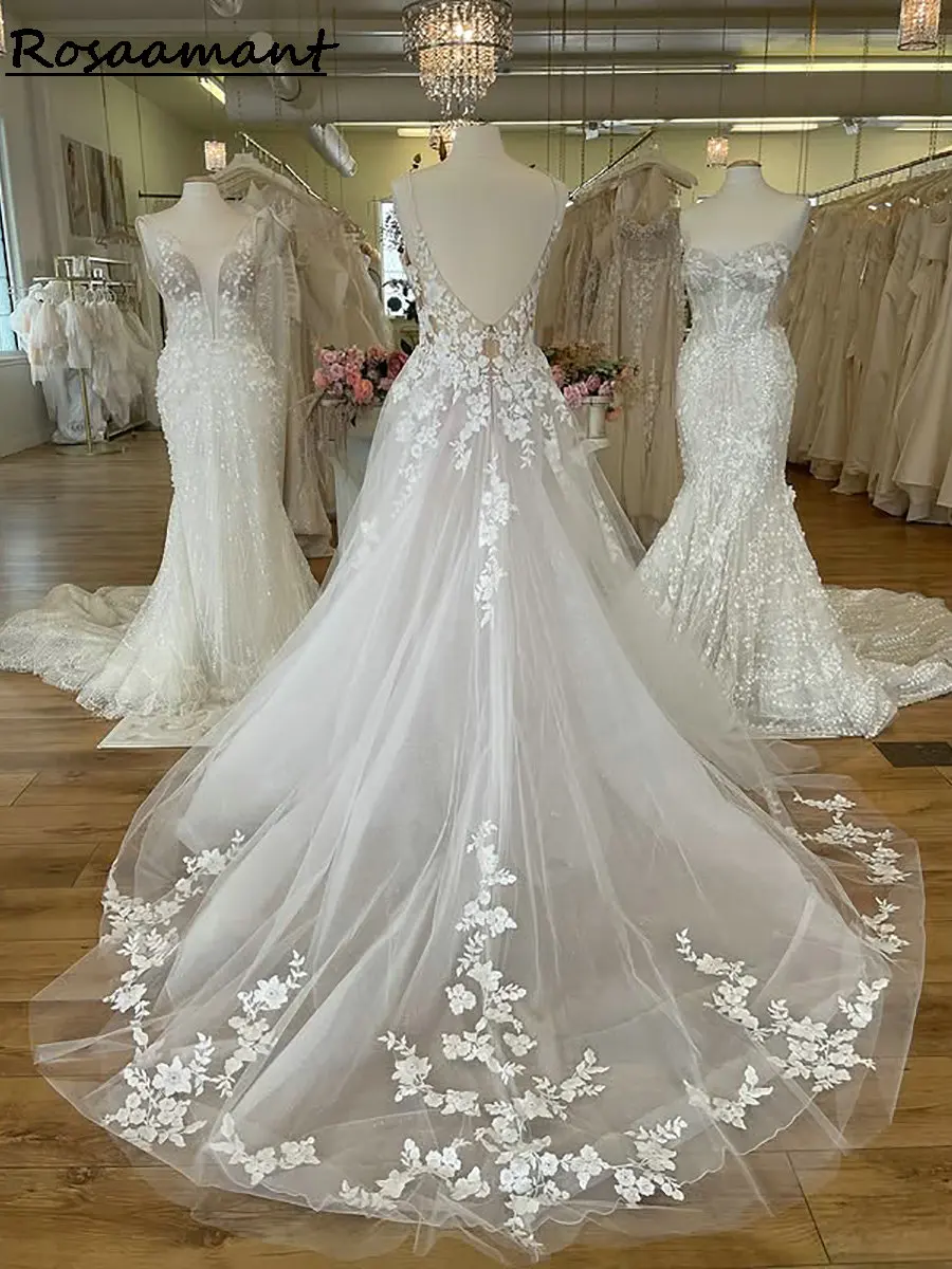 Деревенские свадебные платья трапециевидной формы на бретельках с открытой спиной и аппликациями без рукавов, кружевные деревенские свадебные платья