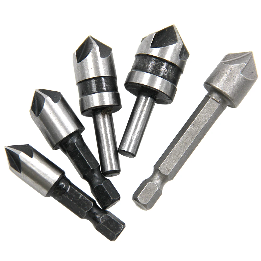 Conjunto de broca de chanfro 5 peças, 1/4 ''haste 5 flauta chanfro conjunto misto cortador banco broca ferramenta carpintaria profissional ferramentas